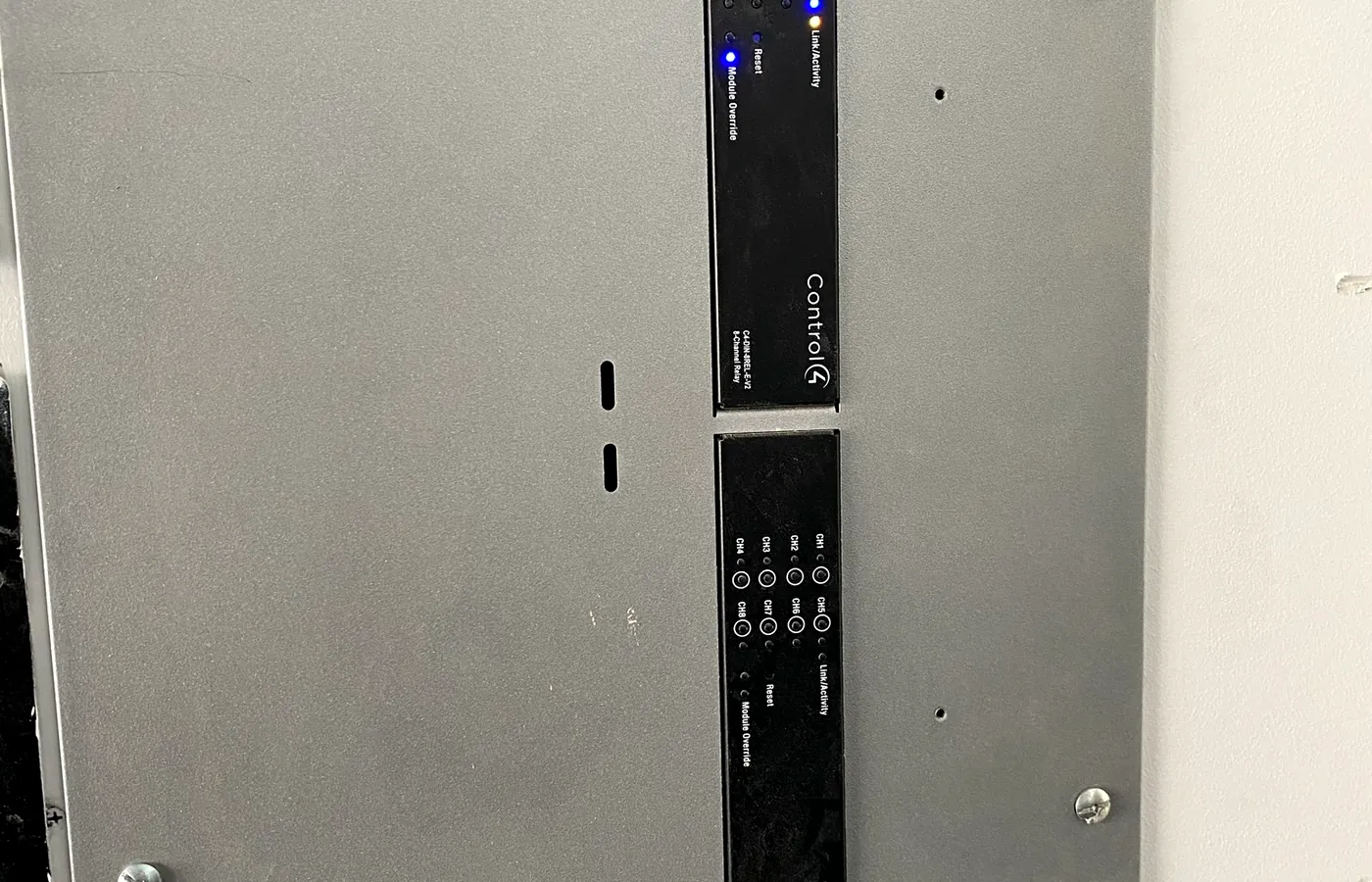 Control4 eight-channel relay modules in the lighting panel